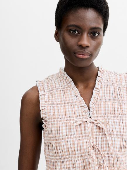French Connection Rhodes Cotton Sleeveless Gingham Top, Almond Nude - view 2, Almond Nude