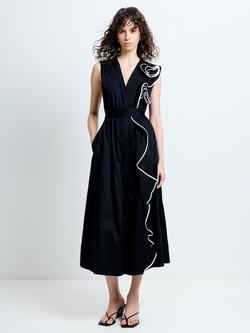 French Connection Alexis Ruffle Corsage Midi Dress, Black/Linen White, Black/Linen White