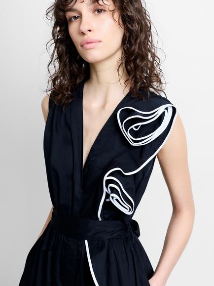 French Connection Alexis Ruffle Corsage Midi Dress, Black/Linen White - view 2, Black/Linen White
