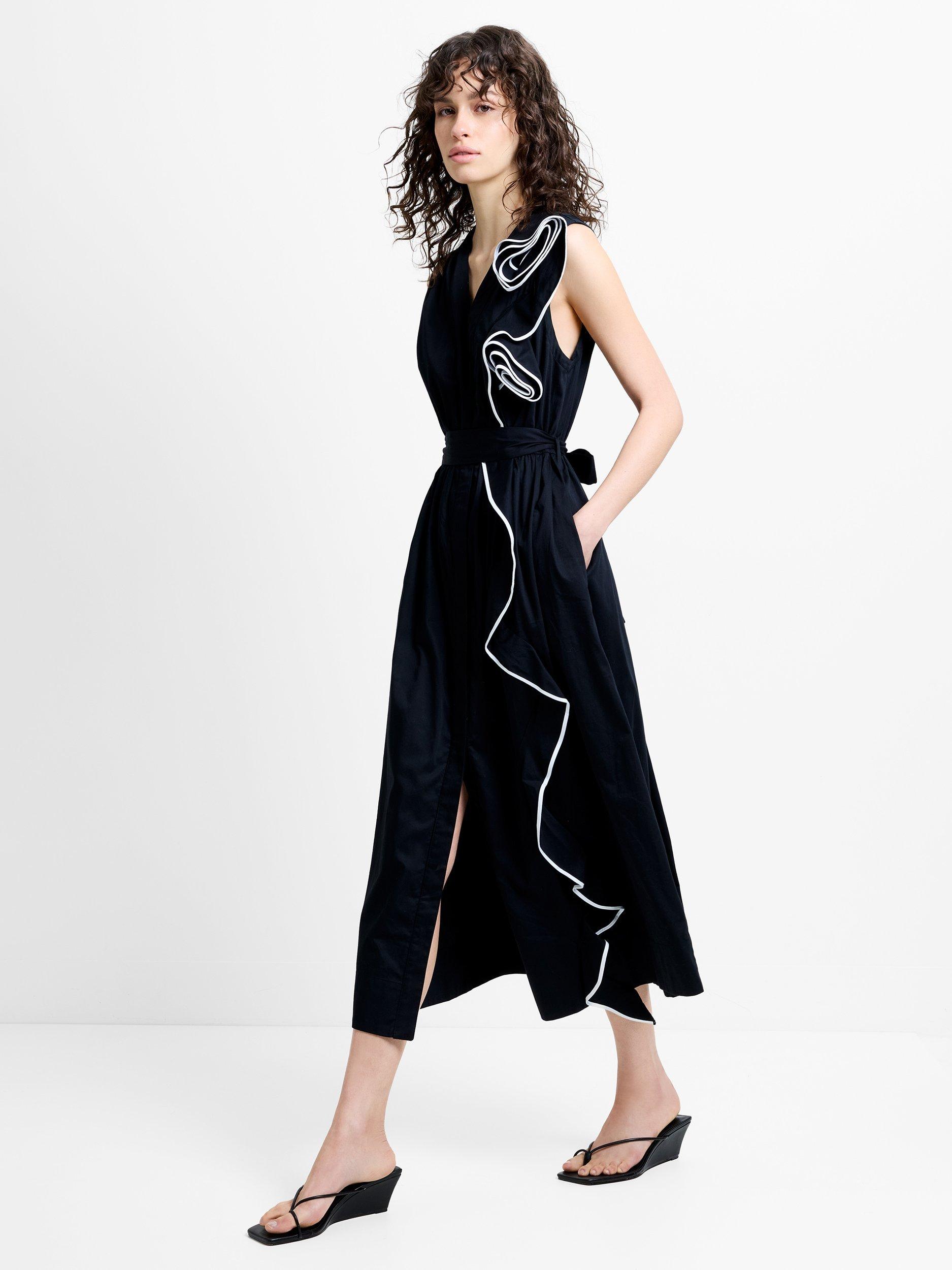 French Connection Alexis Ruffle Corsage Midi Dress, Black/Linen White