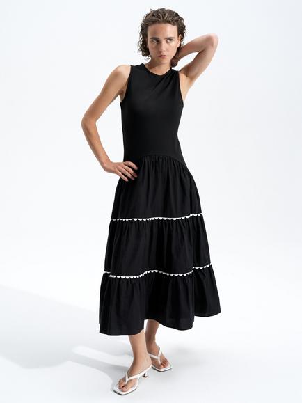 French Connection Kaylie Ric Rac Midi Dress, Black/Cream, Black/Cream