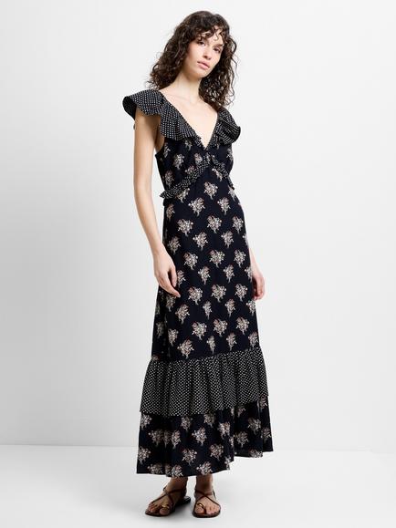 French Connection Millie Floral Ruffle Dress, Black/Multi, Black/Multi