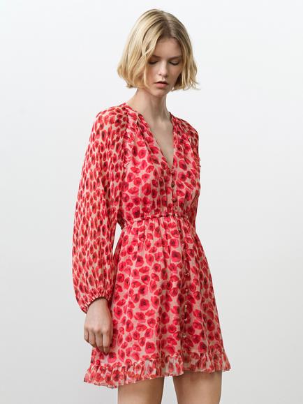 French Connection Poppy Emina Pleated Puff Sleeve Mini Dress, Red/Multi, Red/Multi
