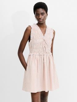 French Connection Rhodes Poplin Gingham Smocked Dress, Almond Nude, Almond Nude