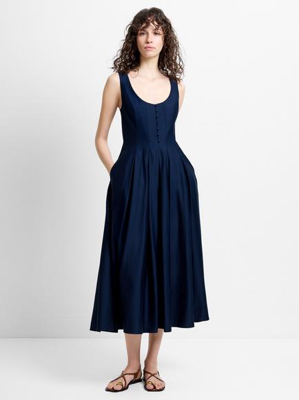 French Connection Scoop Neck Sateen Midi Dress, Marine, Marine