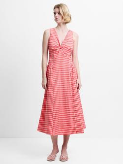 French Connection Sheila Voluminous Gingham Midi Dress, Watermelon Red, Watermelon Red