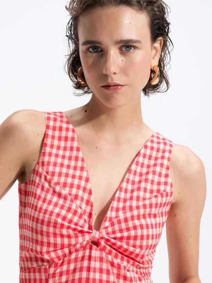 French Connection Sheila Voluminous Gingham Midi Dress, Watermelon Red - view 2, Watermelon Red