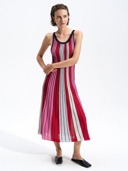 French Connection Theo Stripe Knitted Dress, Watermelon Road, Watermelon Red