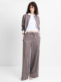 French Connection Alexis Cotton Striped Wide Leg Trousers, Brown/Porcelain, Brown/Porcelain
