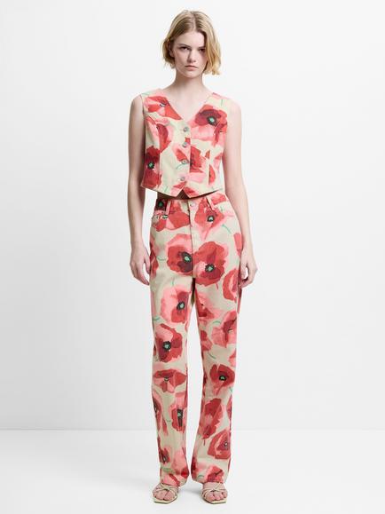 French Connection Poppy Dallas Floral Wide Leg Jeans, Red/Multi, Red/Multi