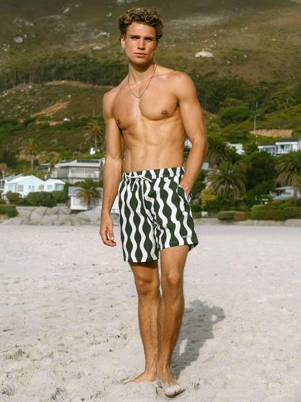 Chelsea Peers Wavy Stripe Swim Shorts, Khaki, Khaki