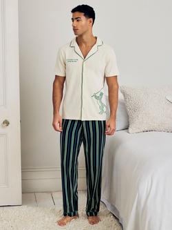 Chelsea Peers Stretch Cotton Embroidered Leisure Club Print Long Pyjama Set, Green, Green