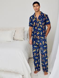 Chelsea Peers Stretch Cotton Boxing Leopards Print Long Pyjama Set, Navy, Navy
