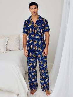 Chelsea Peers Stretch Cotton Boxing Leopards Print Long Pyjama Set, Navy - view 2, Navy