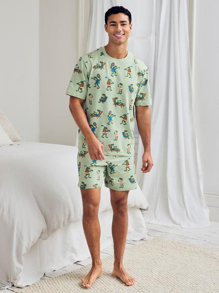 Chelsea Peers Stretch Cotton Frog House Print Short Pyjama Set, Khaki, Khaki