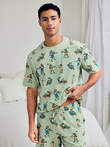 Chelsea Peers Stretch Cotton Frog House Print Short Pyjama Set, Khaki - view 2, Khaki