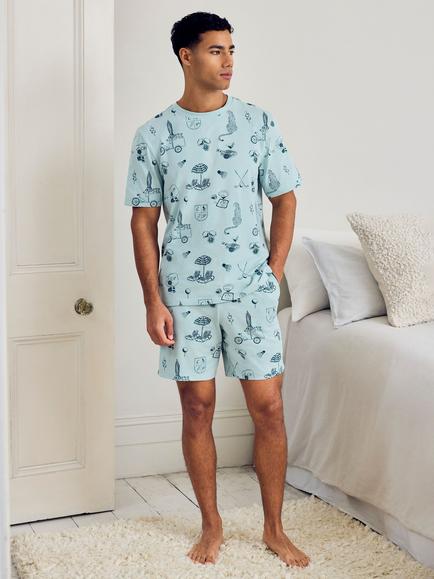 Chelsea Peers Stretch Cotton Weekend Club Print Short Pyjama Set, Teal, Teal