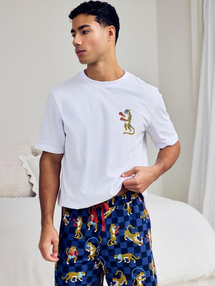 Chelsea Peers Stretch Cotton Boxing Leopards Print Short Pyjama Set, Navy - view 2, Navy