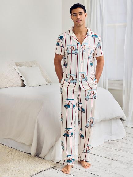 Chelsea Peers Dogs Caddy Stripe Print Long Pyjama Set, Off White, Off White