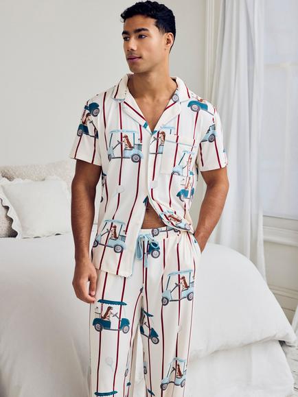 Chelsea Peers Dogs Caddy Stripe Print Long Pyjama Set, Off White - view 2, Off White