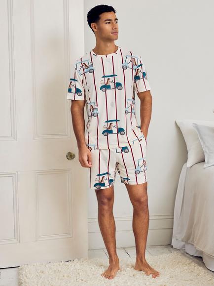 Chelsea Peers Dogs Caddy Stripe Print Short Pyjama Set, Off White, Off White