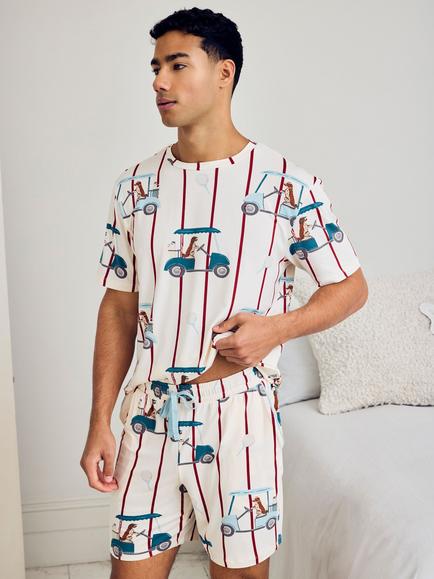 Chelsea Peers Dogs Caddy Stripe Print Short Pyjama Set, Off White - view 2, Off White