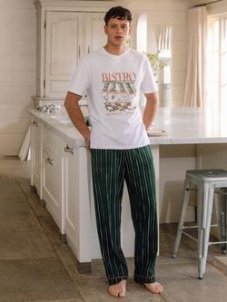 Chelsea Peers Stretch Cotton Bistro Print Crew Neck Pyjama Set, Khaki, Khaki