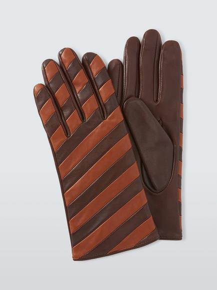 John Lewis Stripe Leather Gloves, Brown Multi, Brown Multi