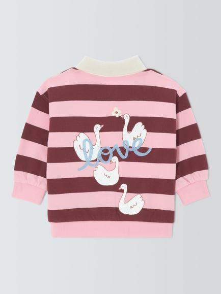 John Lewis Baby Flower Swan Striped Rugby Top, Pink/Brown - view 2, Pink/Brown