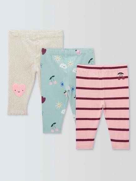 John Lewis Baby Heart Cherry Leggings, Pack of 3, Multi Print, Multi Print