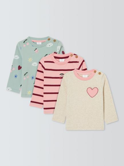 John Lewis Baby Print Long Sleeve Tops, Pack of 3, Multi Print, Multi Print
