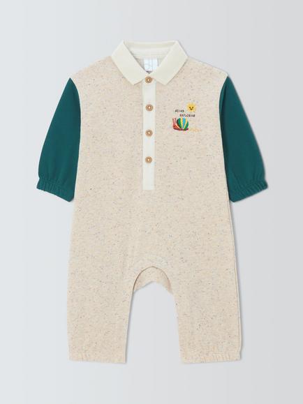 John Lewis Baby Sweat Romper, Natural/Green, Natural/Green