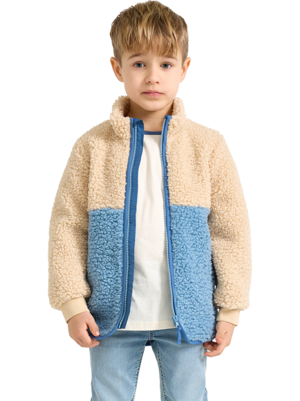 Lindex Kids' Pile Fleece Zip Through Jacket, Cream/Blue, Cream/Blue