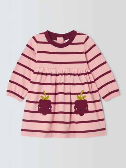 John Lewis Baby Raspberry Striped Long Sleeve Dress, Pink/Berry, Pink/Berry