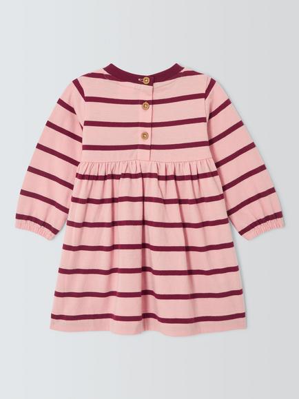 John Lewis Baby Raspberry Striped Long Sleeve Dress, Pink/Berry - view 2, Pink/Berry