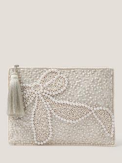 Monsoon Audra Beaded Bow Pouch Bag, Ivory, Ivory