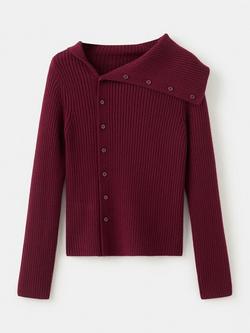 Mango Asymmetric Neck Ribbed Cardigan, Red, Red