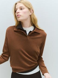 Mango Long Sleeve Knitted Polo Shirt, Tobacco, Tobacco