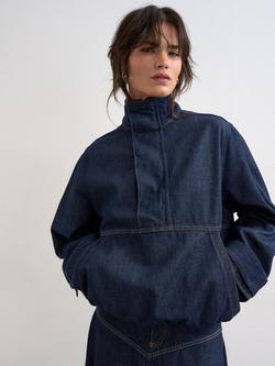 Topshop Bubble Hem Funnel Neck Denim Top, Navy - view 2, Navy
