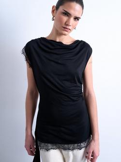 Topshop Cowl Neck Lace Trim Top, Black, Black