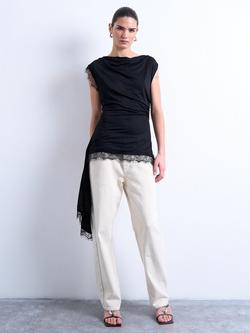 Topshop Cowl Neck Lace Trim Top, Black - view 2, Black