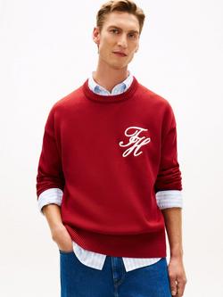 Tommy Hilfiger Logo Embroidery Chunky Crew Neck Jumper, Red Burgundy, Red Burgundy