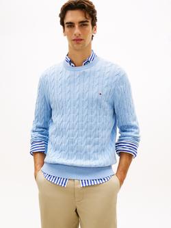Tommy Hilfiger Flag Embroidered Cotton Cable Knit Crew Neck Jumper, Light Blue