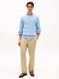 Tommy Hilfiger Flag Embroidered Cotton Cable Knit Crew Neck Jumper - view 2, Light Blue