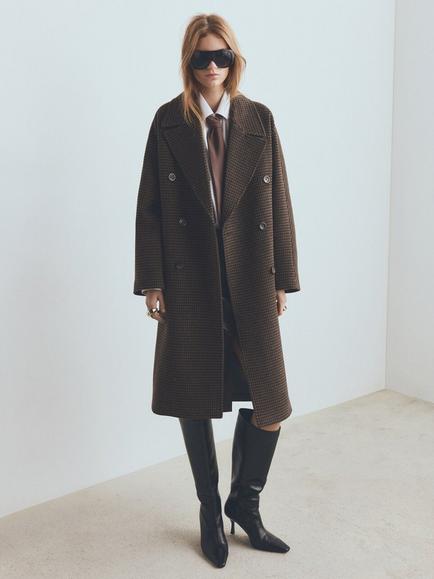 Mango Dogtooth Oversized Wool Blend Coat, Brown, Brown