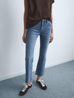 Mango Mid Rise Flared Cropped Jeans, Mid Blue, Mid Blue