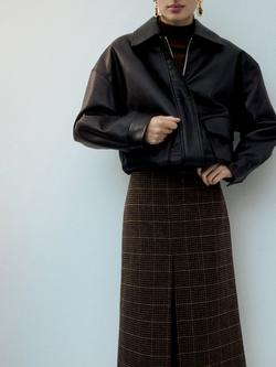 Mango High Waist Check Front Slit Midi Skirt, Brown, Brown