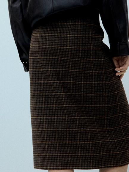 Mango High Waist Check Front Slit Midi Skirt, Brown - view 2, Brown