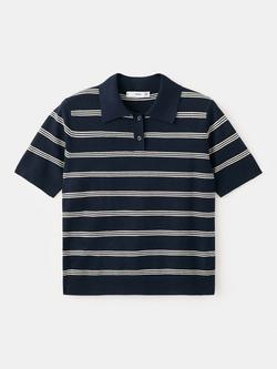 Mango Stripe Knit Polo Shirt, Navy, Navy