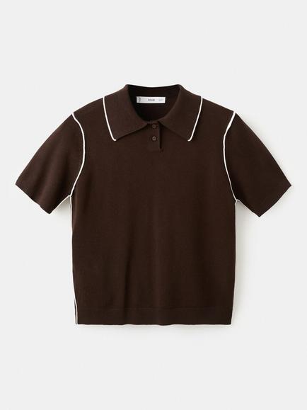 Mango Colour Contrast Knit Polo Shirt, Chocolate, Chocolate
